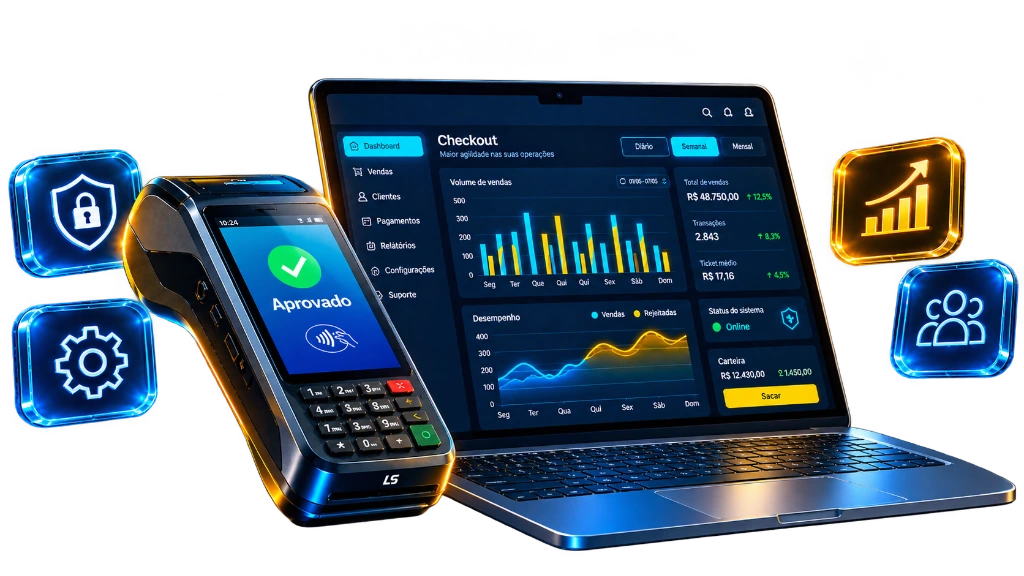 Maquininha Smart POS e Notebook com Sistema Comercial Venda+